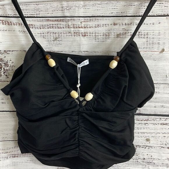 Zara Top Womens medium Beaded cropped bustier ruched Black New - Picture 8 of 11